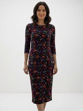 Farm Rio Sz L Colorful Leopard Print Whimsical Bodycon Midi Stretchy Dress